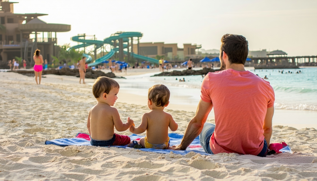 Family relaxing by the private beach at Aquaventure World Dubai