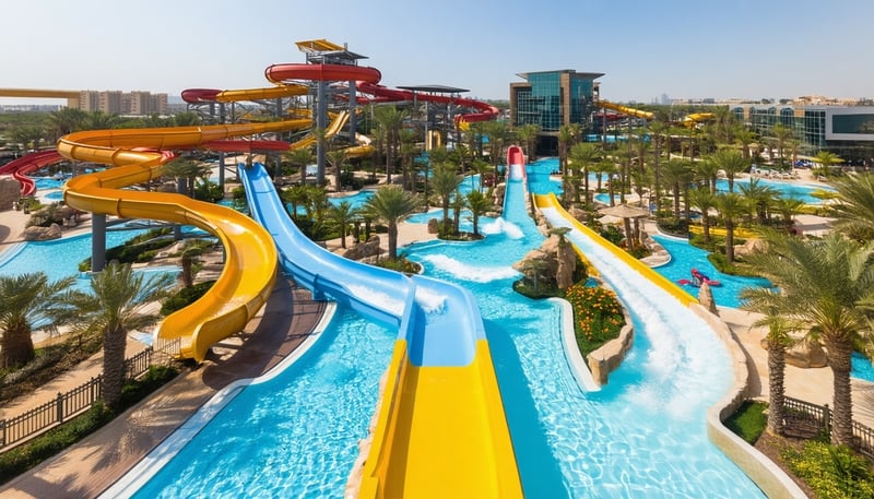 Aerial view of Aquaventure World Dubai showcasing water slides and pools. Aerial view of Aquaventure World Dubai showcasing water slides and pools.