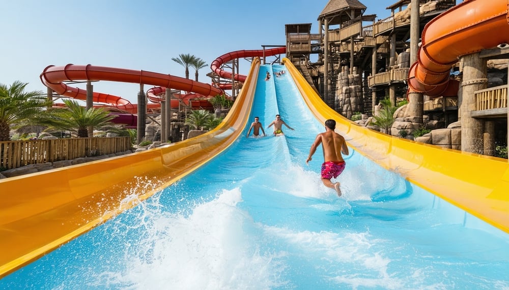 Aquaventure World Dubai waterpark with thrilling slides and family enjoying the attractions Aquaventure World Dubai waterpark with thrilling slides and family enjoying the attractions